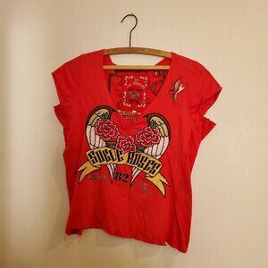 Johnny Was Los Angeles Red Embroidered T Shirt Size S Floral Wings